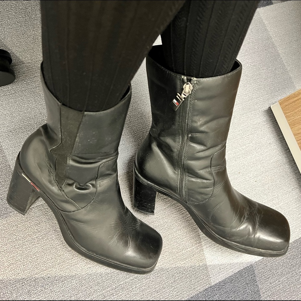 Tommy Hilfiger Leather Mid Calf Boots black SZ 10m - Picture 2 of 6